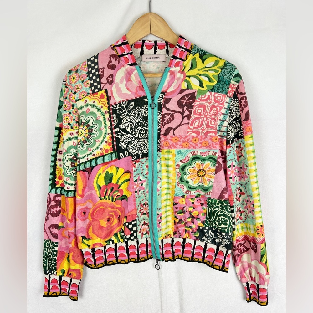 Aldo Martins Multicolor Floral Bomber Jacket with Pink and Turquoise Accents - Picture 2 of 5